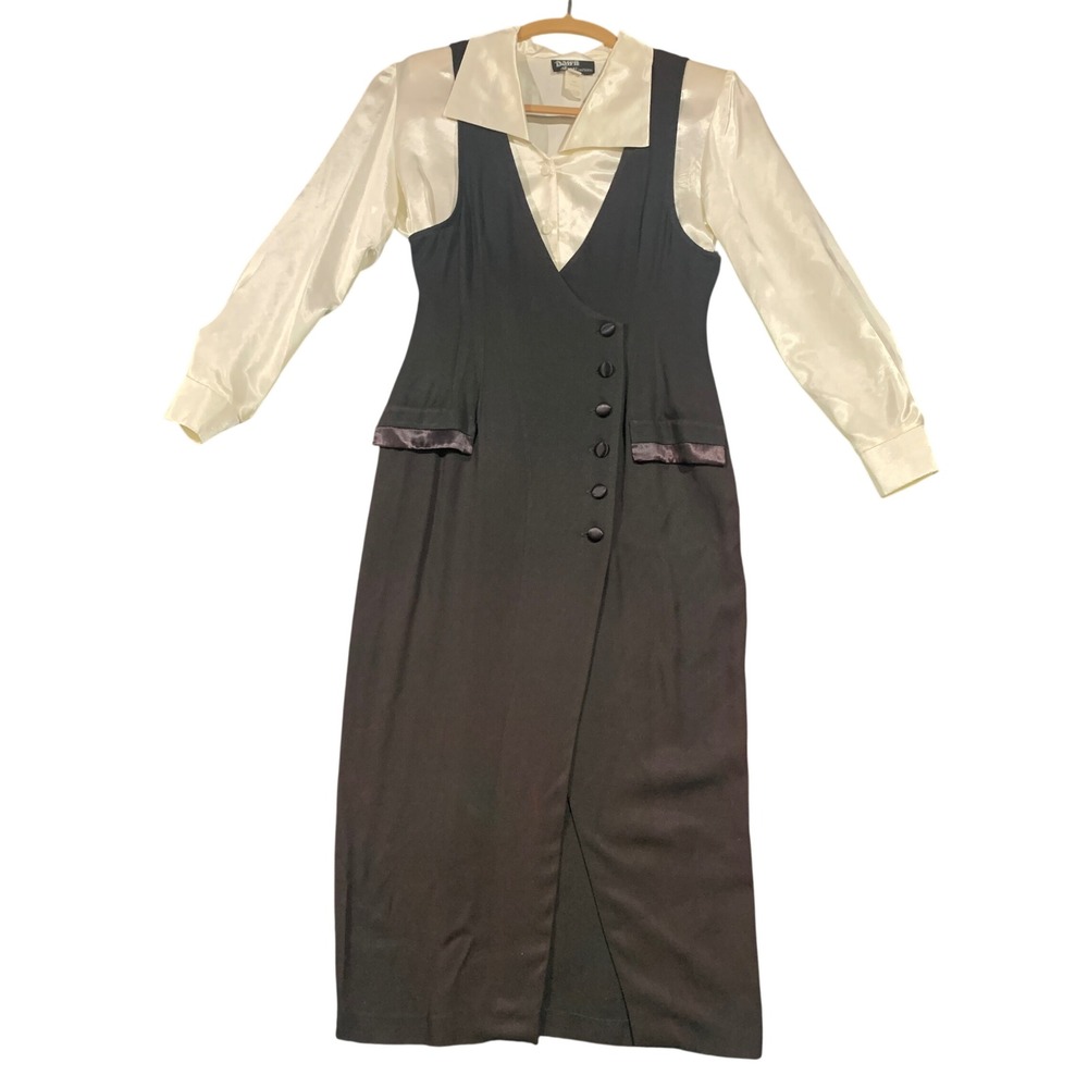 VTG Dawn Joy Fashions 2 Piece Jumper Dress & Satin Blouse Set Black Ivory 5-6